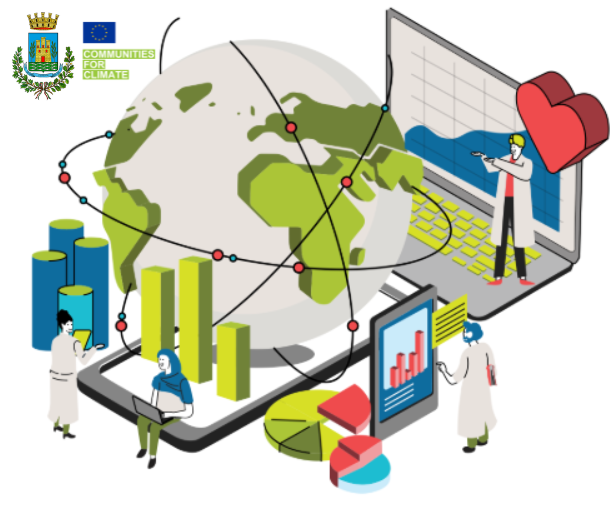 L'immagine rappresenta un concetto di sostenibilità e innovazione digitale, con un globo connesso, grafici, laptop e figure che analizzano dati. Include loghi dell'UE e del progetto "Communities for Climate", suggerendo un'iniziativa ambientale.