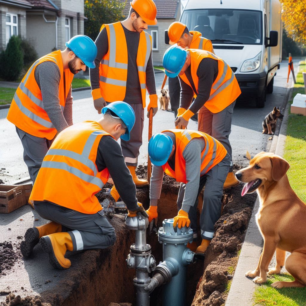 L'immagine mostra un gruppo di operai con giubbotti di sicurezza arancioni e caschi blu, mentre lavorano su un cantiere stradale. Sono concentrati su una buca nel terreno, per manutenzione o riparazioni. In primo piano sulla destra c'è un cane che osserva