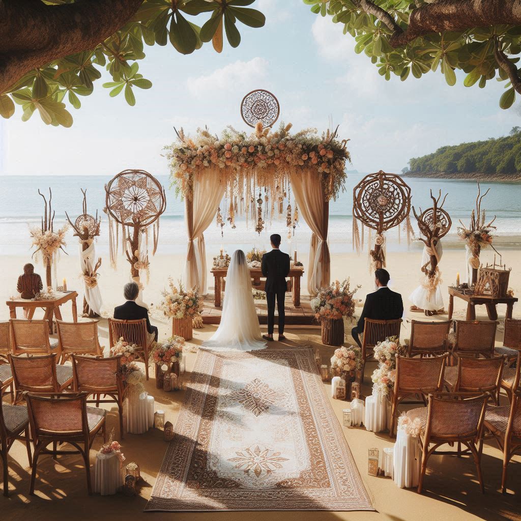 L'immagine mostra una cerimonia di matrimonio civile all'aperto, ambientata su una spiaggia. Una coppia in abiti nuziali è sotto un arco decorato con fiori e tende eleganti. Gli invitati sono seduti su sedie in stile rustico.