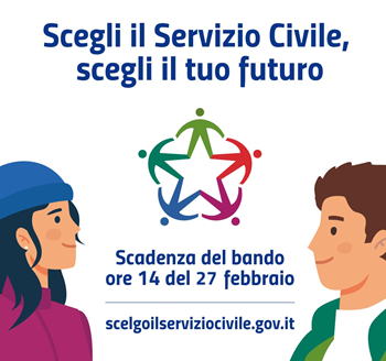 L'immagine promuove il Servizio Civile con il messaggio "Scegli il Servizio Civile, scegli il tuo futuro". Mostra due giovani e un logo colorato a forma di stella. Include la scadenza del bando e il sito web per maggiori informazioni.