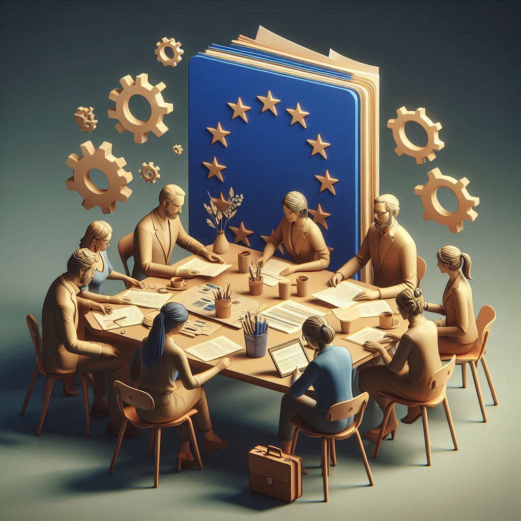 Gruppo di persone sedute attorno a un tavolo rotondo, impegnate in un lavoro di gruppo. Sullo sfondo c'è un grande libro blu con le stelle della bandiera dell'Unione Europea, mentre ingranaggi fluttuano attorno